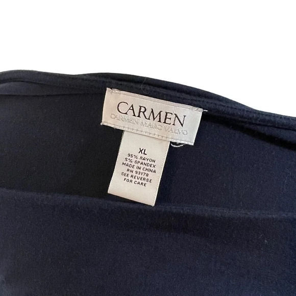 Carmen Marc Valvo Navy Blue Top XL Cutout Neckline Short Sleeve Stretch Knit - Picture 7 of 7